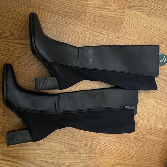 NEW! Paul Green knee high heeled black leather boots stretch back US 7.5- UK 5 - Picture 4 of 11